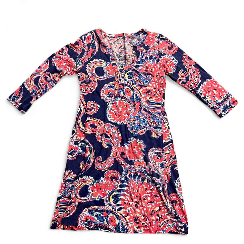 Lilly Pulitzer Printed Henley Mini Short Dress 3/4 Sleeve V-Neck Buttons